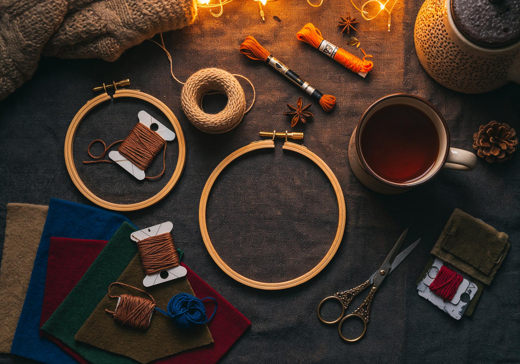 Atelier workspace with threads and hoops